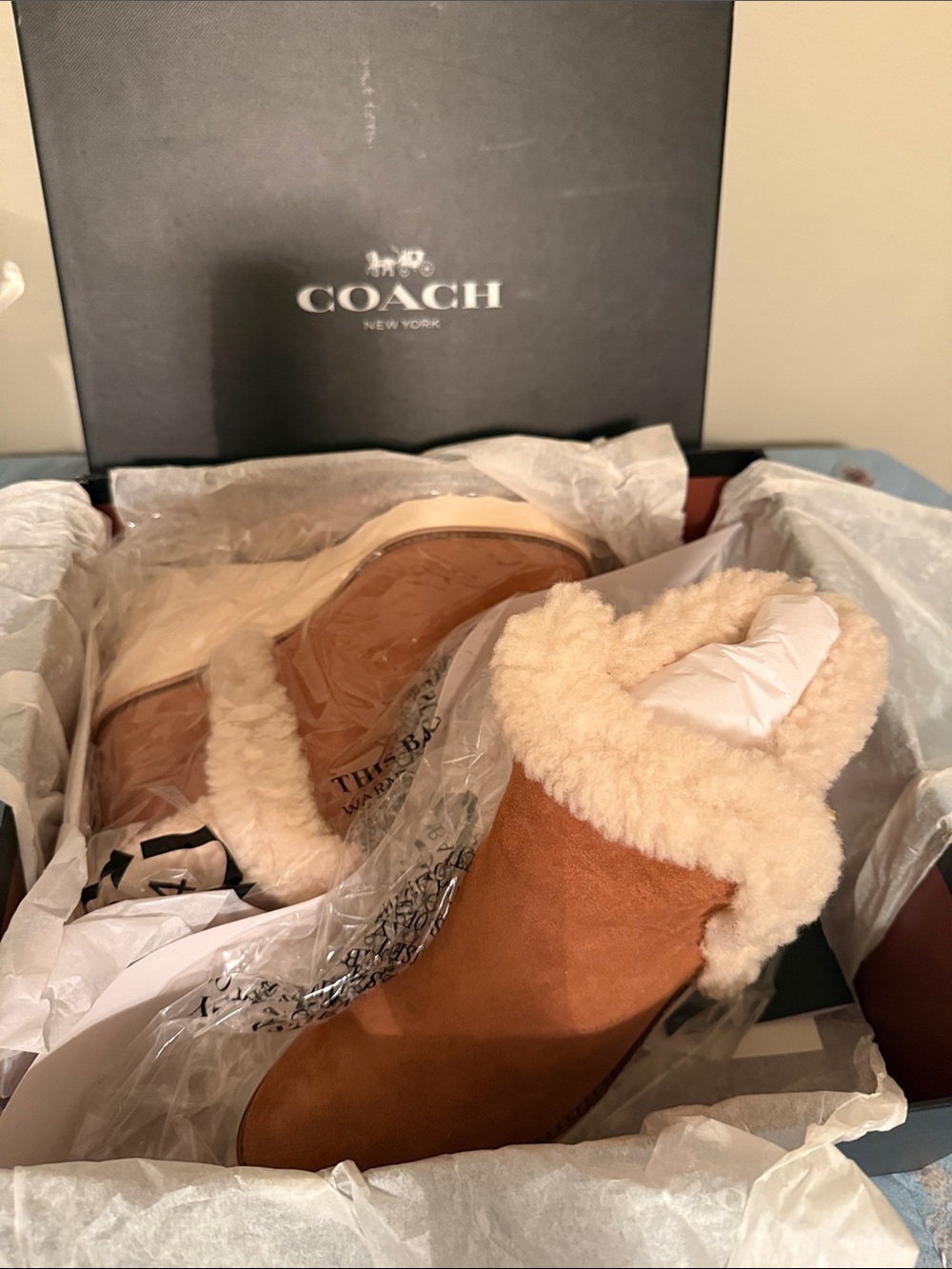 Coach Chestnut Suede Shearling-Cuff Ankle Booties